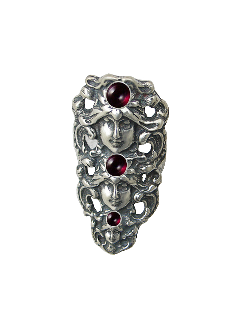 Sterling Silver Triple Goddess Ring With Garnet Size 6